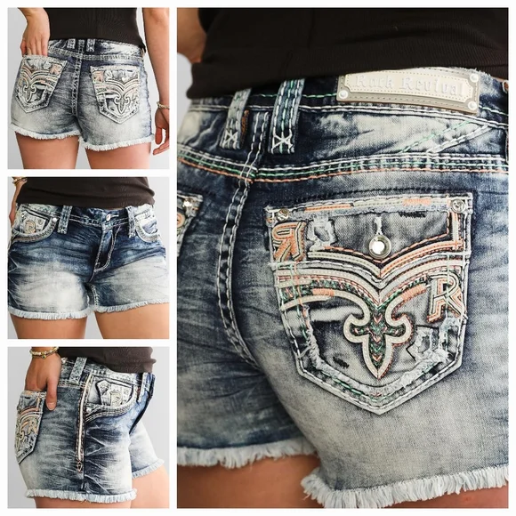 ❤️ROCK REVIVAL❤️ MAE EASY STRETCH EMBROIDERED EMBELLISHED SHORTS SIZE 28 - Picture 1 of 11